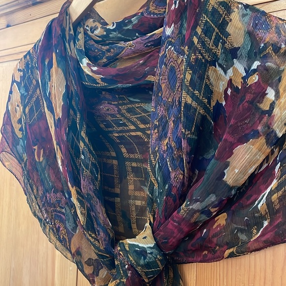 Lightweight scarf in golds, brown, black and burgundy, nylon/rayon, ~44” square - Picture 6 of 6